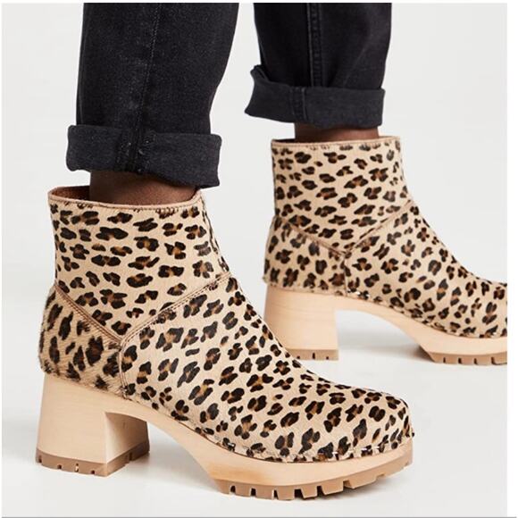 Swedish Hasbeens Women Leopard print Ankle Block Heel Clogs Sz 37/7US NWOB - Picture 1 of 13